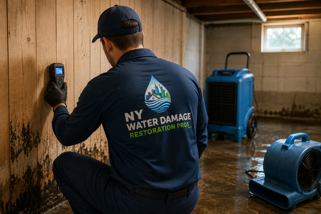 Water damage restoration technician using a moisture meter to inspect a basement wall while dehumidifiers and air movers dry the area.