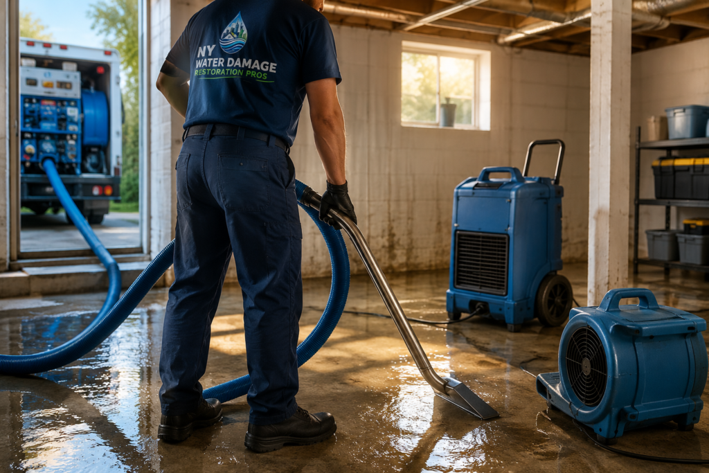 Professional water damage technician extracting floodwater from a residential basement using industrial drying and water removal equipment.