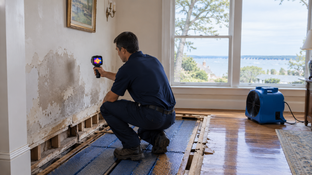 Technician scanning water damage in a historic Cold Spring Harbor, NY home