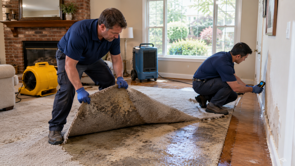 Restoration technicians drying a water-damaged living room in New Hyde Park, NY