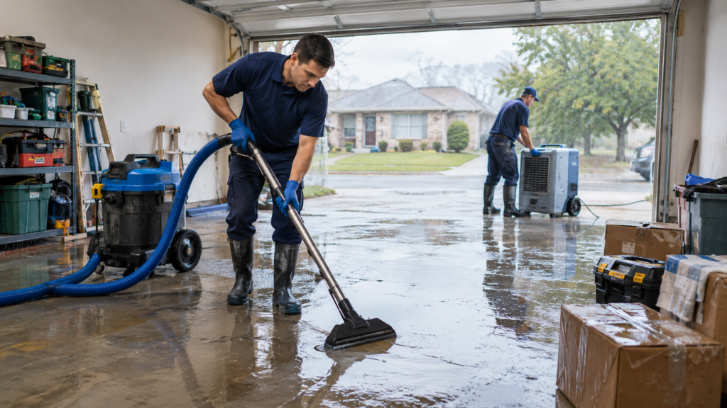 Technician removing floodwater from a garage in Ridge, NY