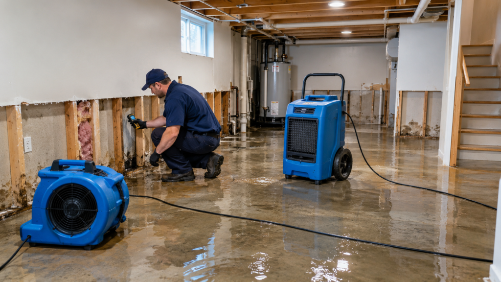 Water damage restoration technician drying a flooded basement in Hauppauge, NY
