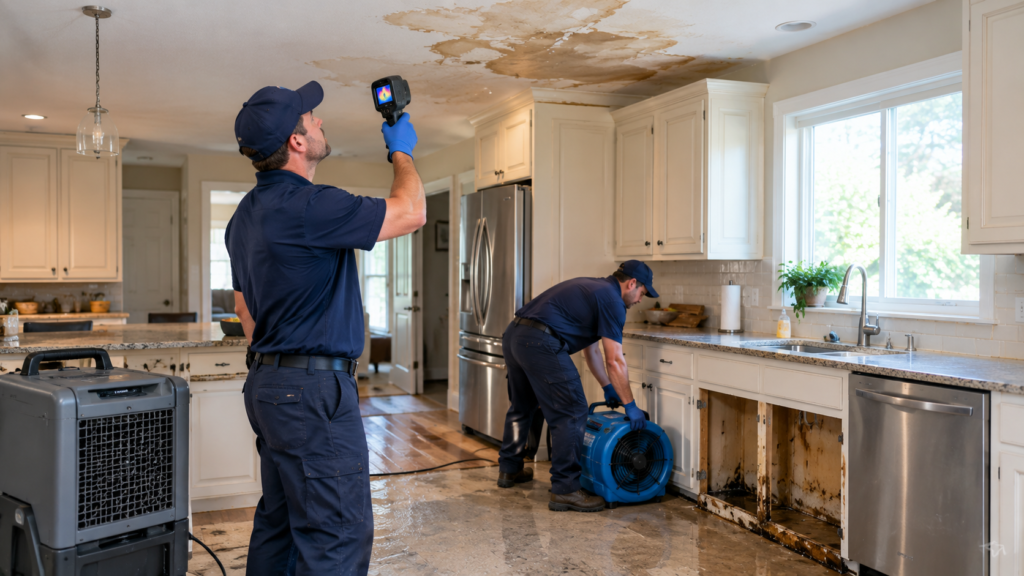 Technician inspecting water damage with a thermal camera in a Holtsville, NY home