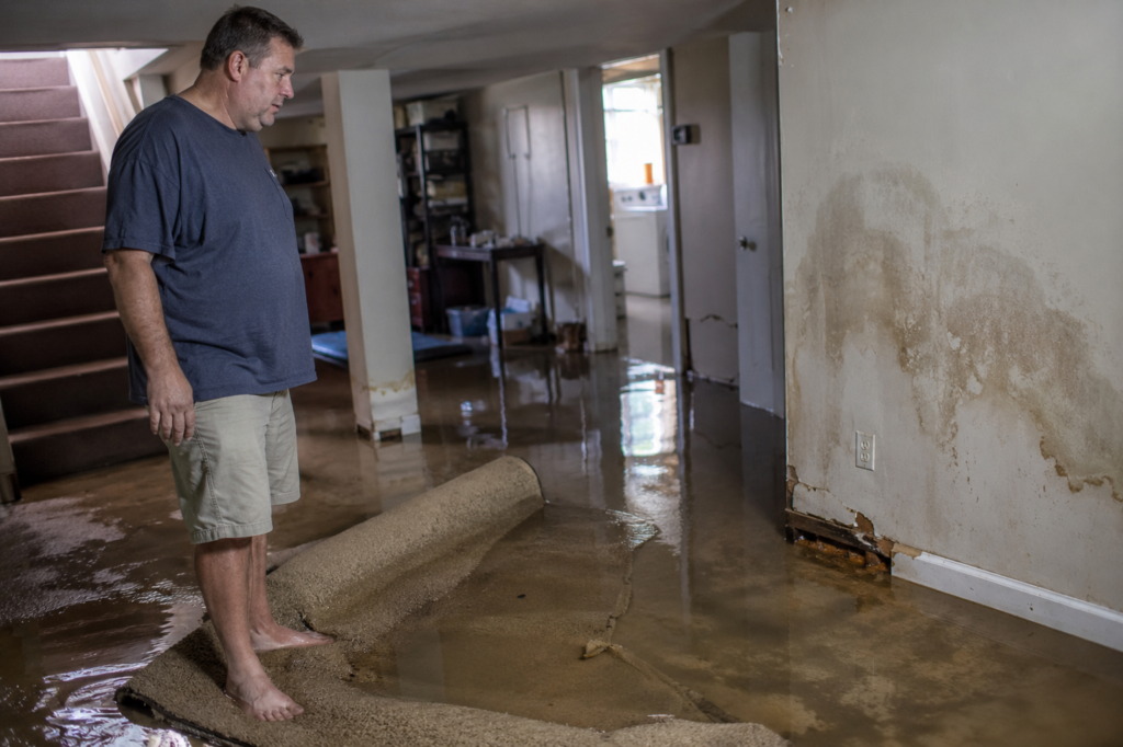 Homeowner inspecting a flooded basement with visible water damage and standing water.