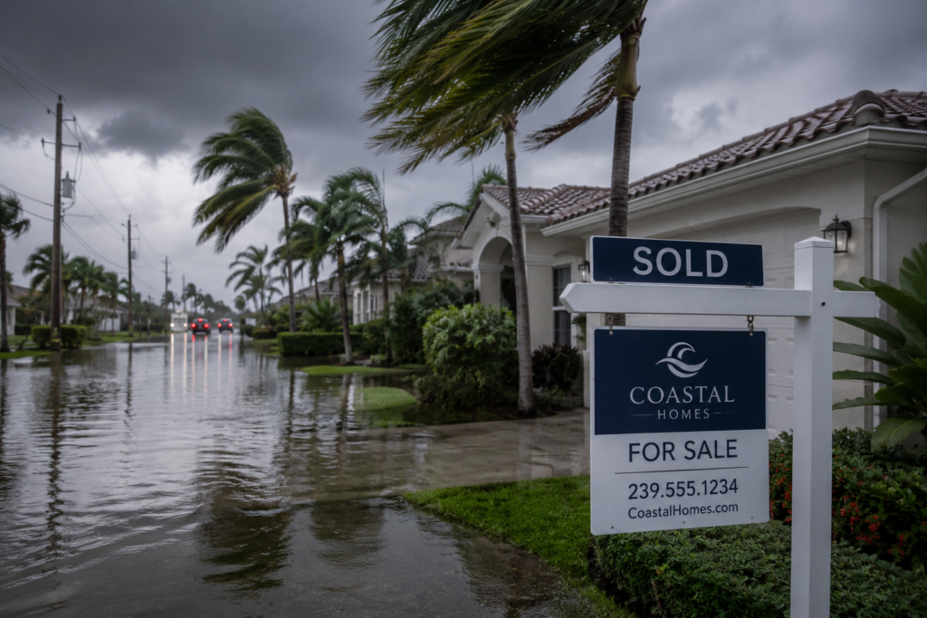A sold real estate sign stands in front of a Florida-style home while a flooded street and wind-blown palm trees appear in the background beneath dark storm clouds.