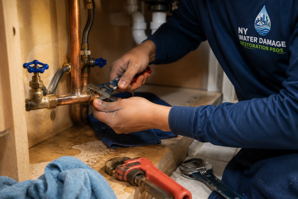 Restoration technician repairing a burst copper pipe under a kitchen sink using professional plumbing tools.