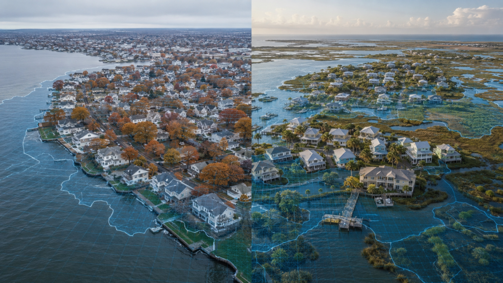 Split-screen aerial image comparing a waterfront neighborhood in Long Island, New York with a coastal Alabama community, featuring a transparent blue flood zone map overlay across both landscapes.
